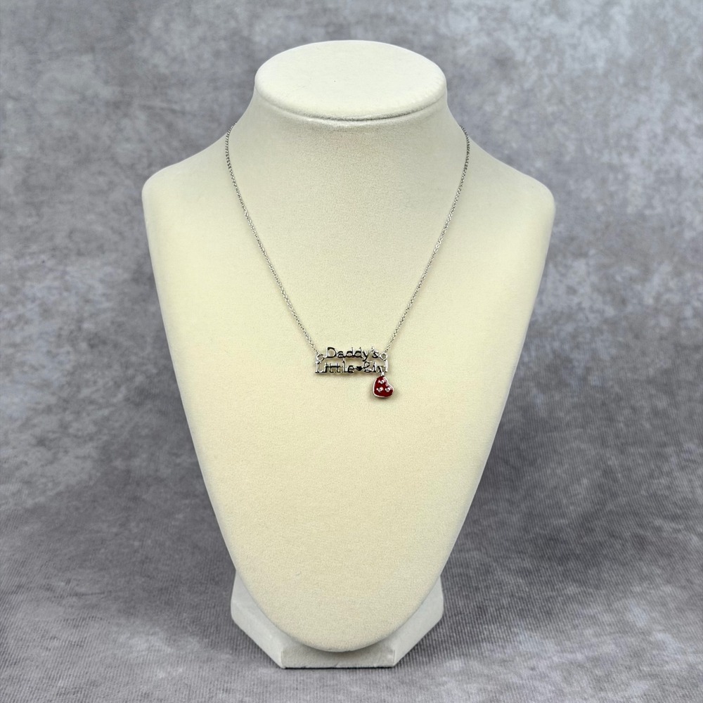 Daddy's Little Girl Necklace Silver Tone Red Heart Enamel Crystal Charm Kids